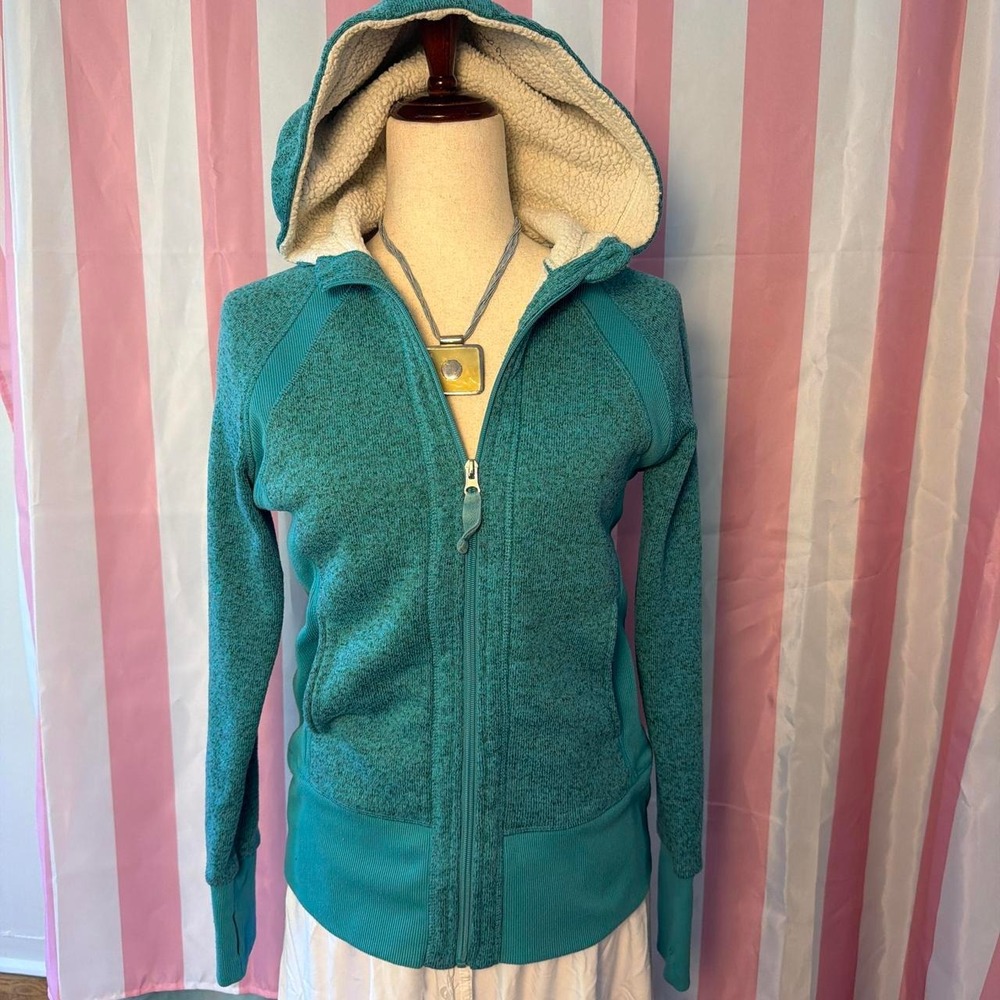 Ideology Women Teal Sherpa Lined Zip Up Hoodie Thumb Holes Aqua Small